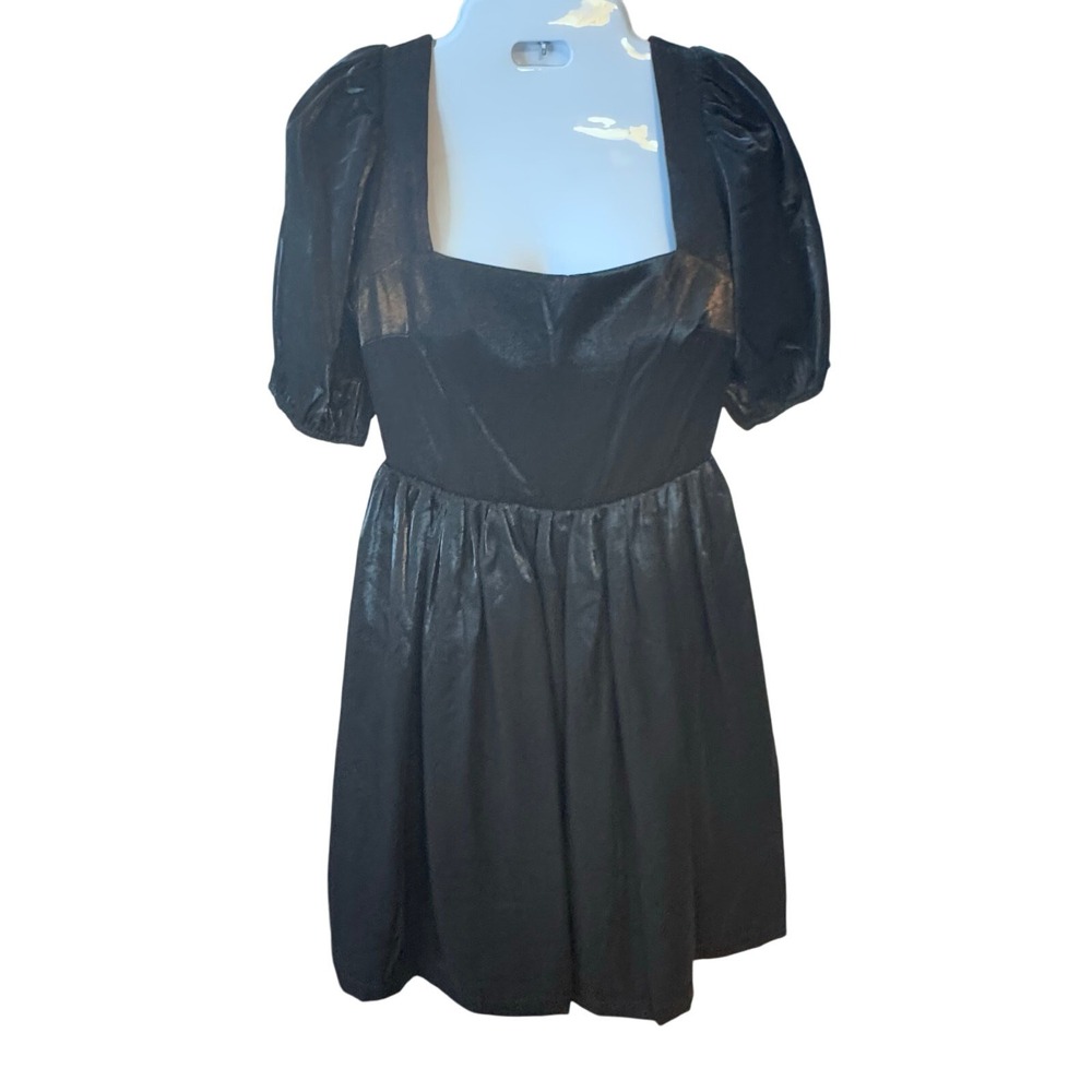 New LINE & DOT Shimmering Metallic Black Puff Sleeve Mini‎ Dress Sz S